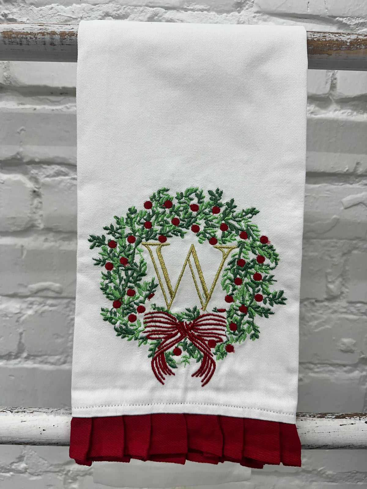 Christmas Embroidered Initial Wreath Tea Towel