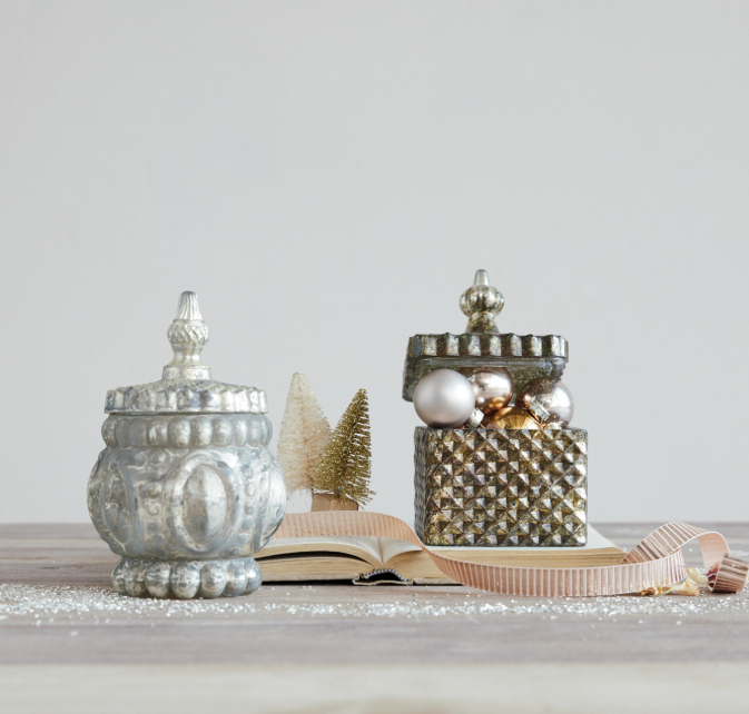 Embossed Mercury Glass Container/Tealight/Votive Holder with Lid