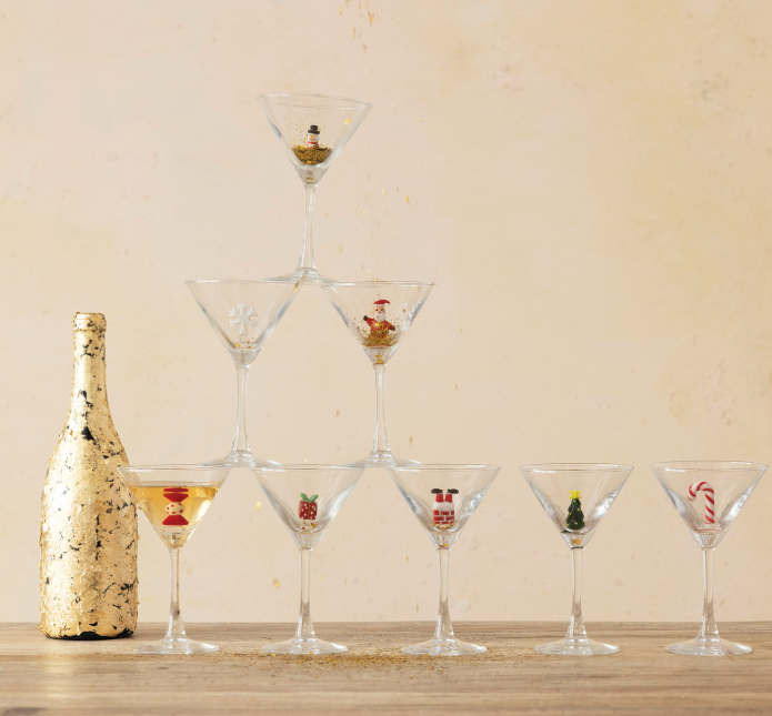 Hand Blown Holiday Martini Glass with Figure