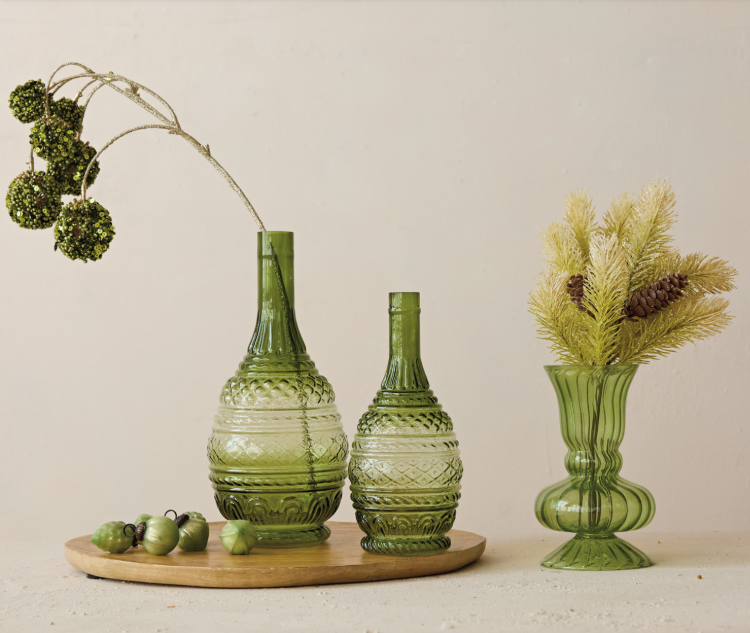 Embossed Green Glass Vase