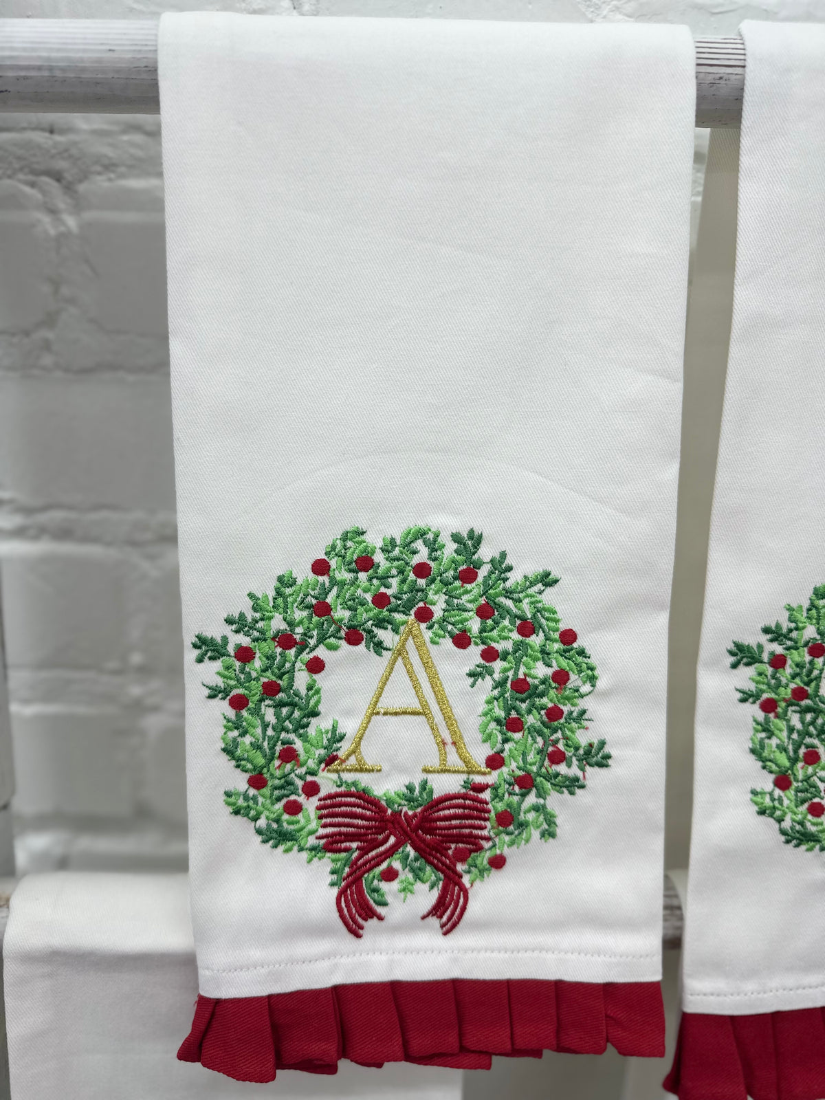 Christmas Embroidered Initial Wreath Tea Towel