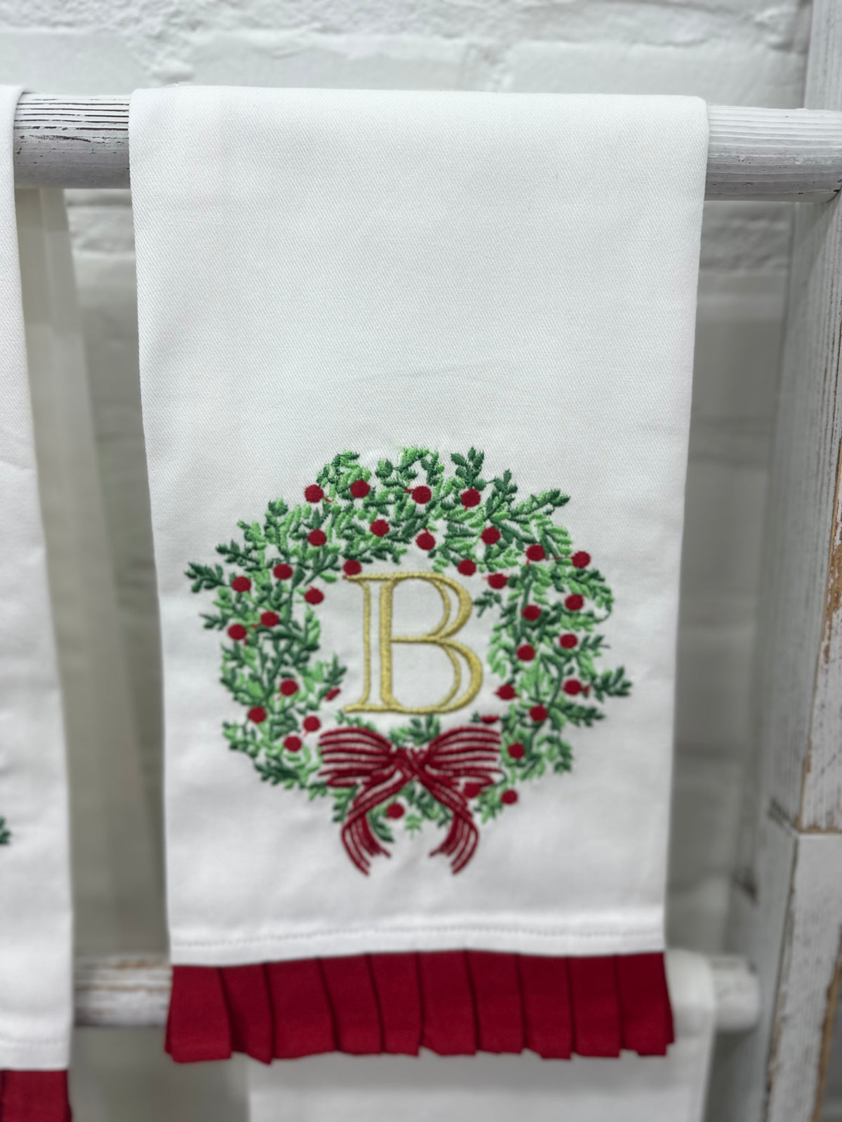 Christmas Embroidered Initial Wreath Tea Towel