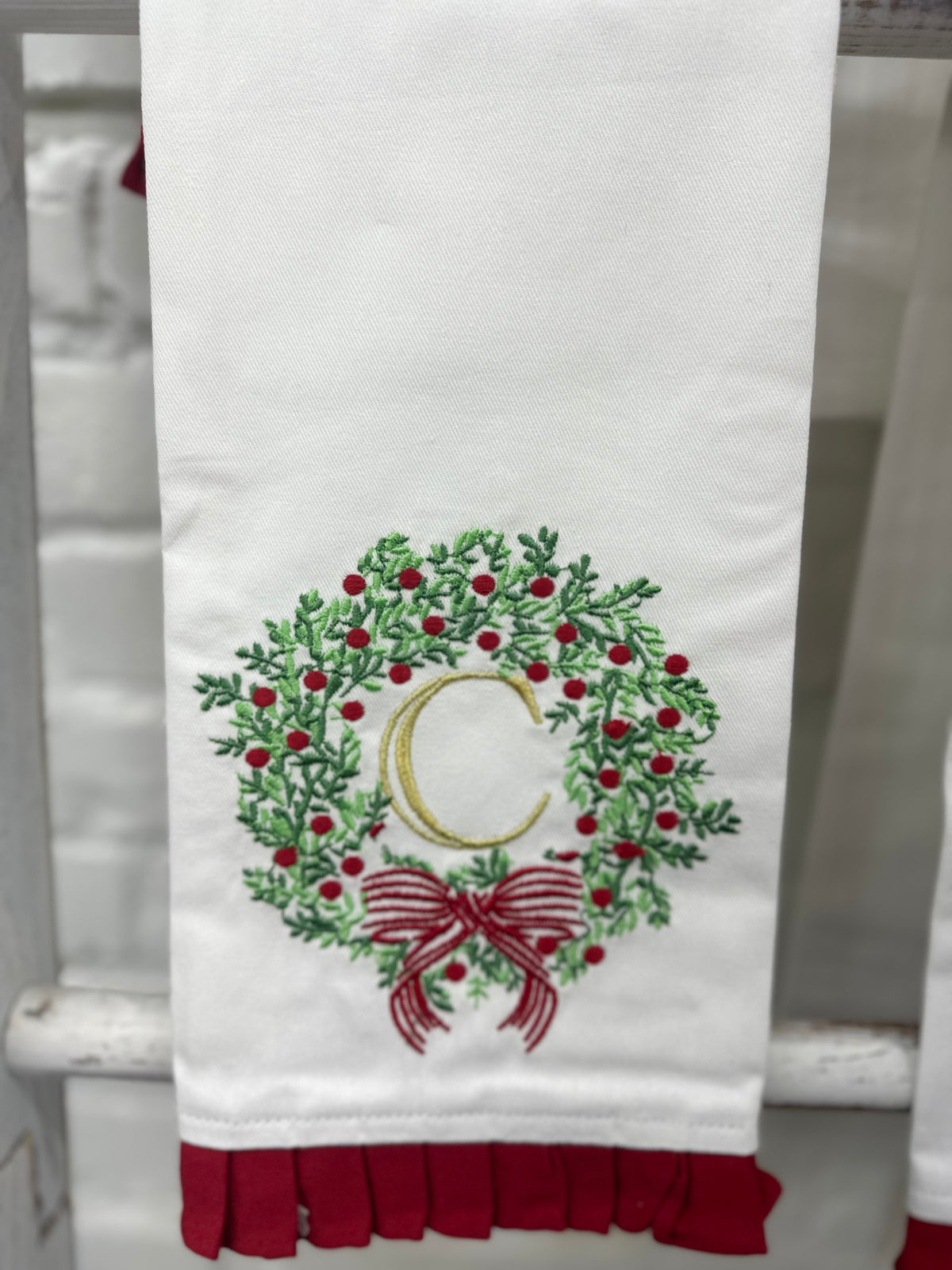 Christmas Embroidered Initial Wreath Tea Towel
