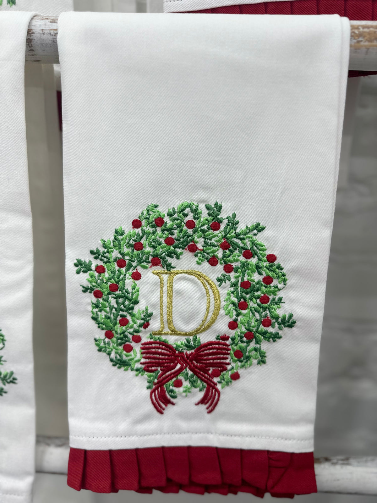 Christmas Embroidered Initial Wreath Tea Towel