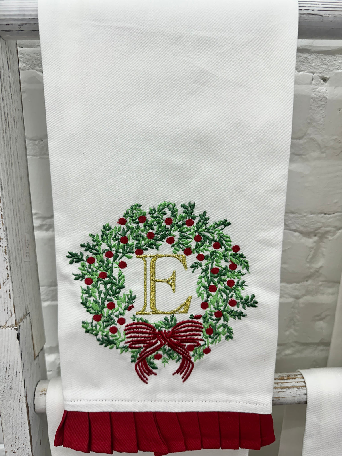 Christmas Embroidered Initial Wreath Tea Towel