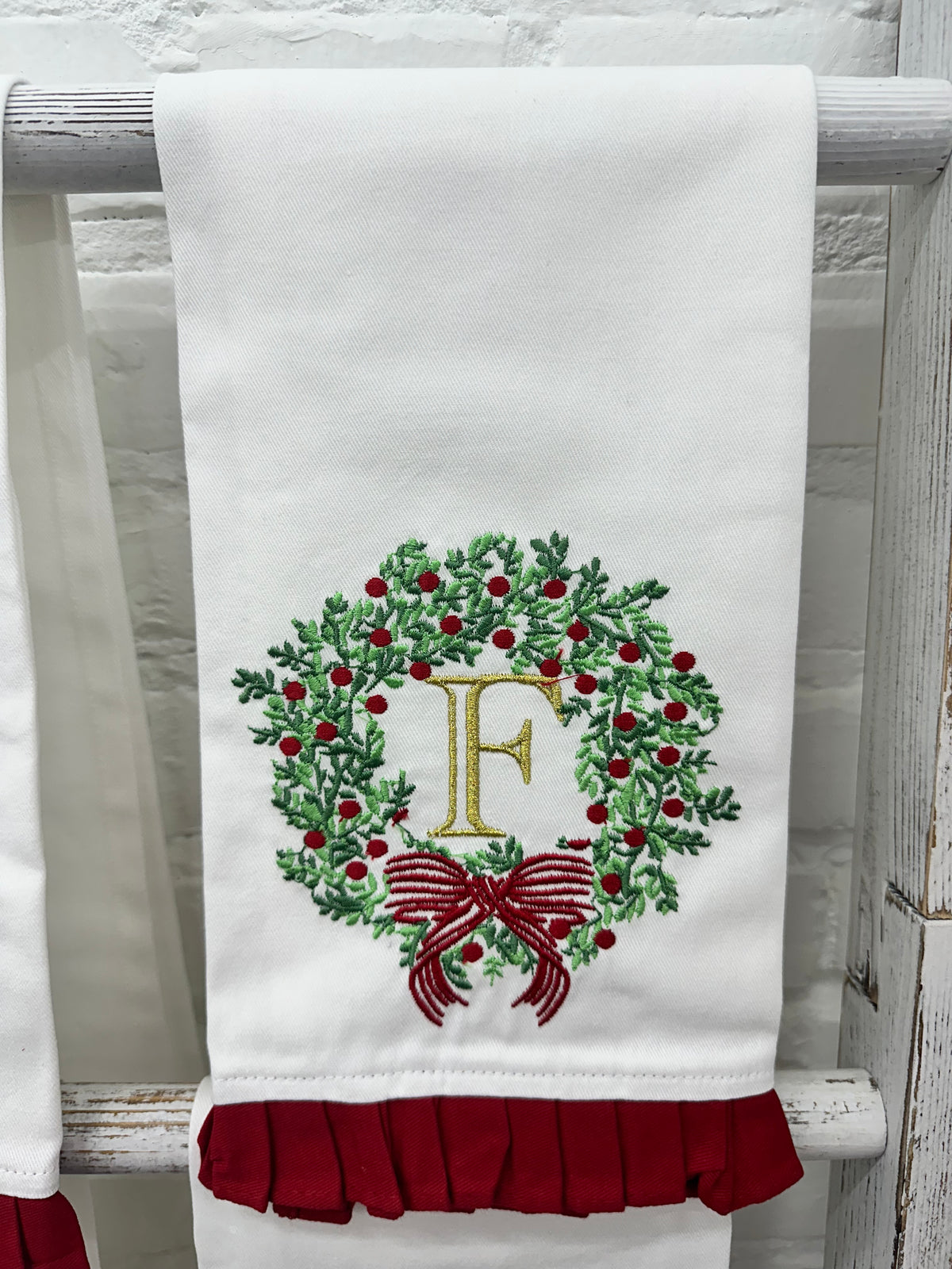 Christmas Embroidered Initial Wreath Tea Towel