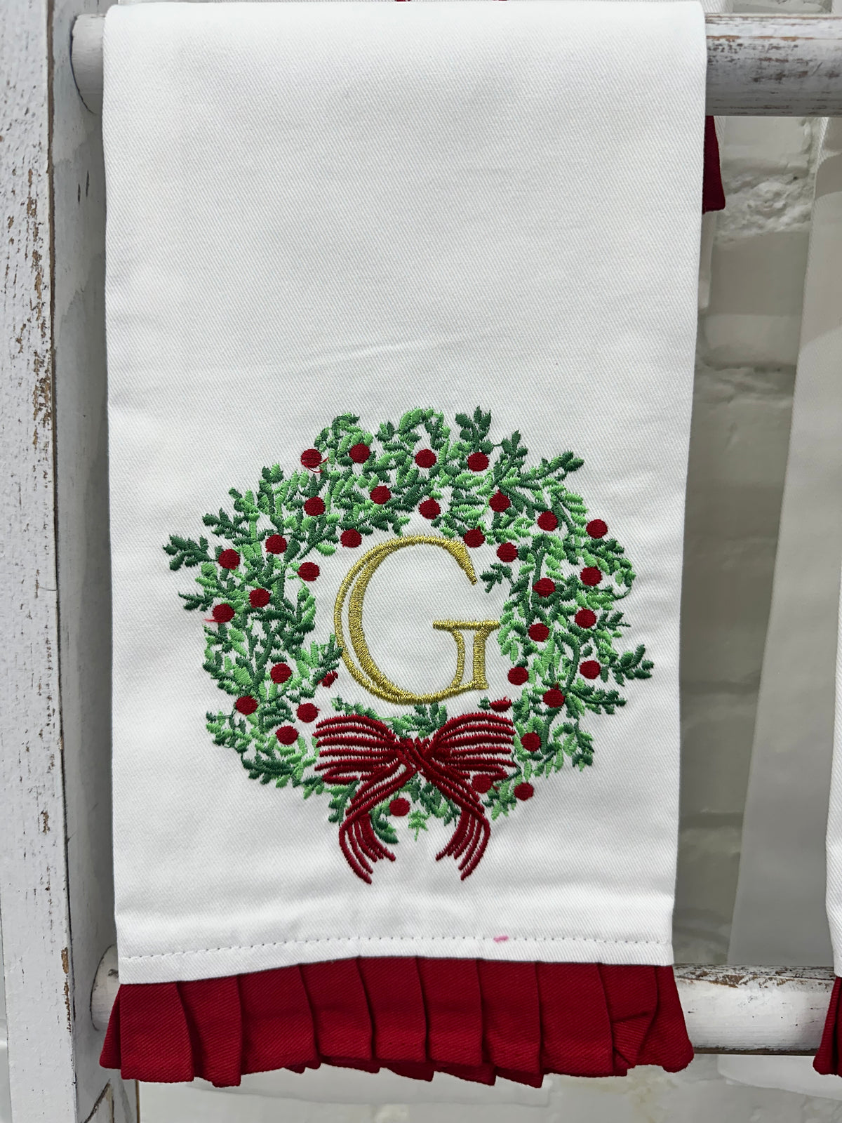 Christmas Embroidered Initial Wreath Tea Towel