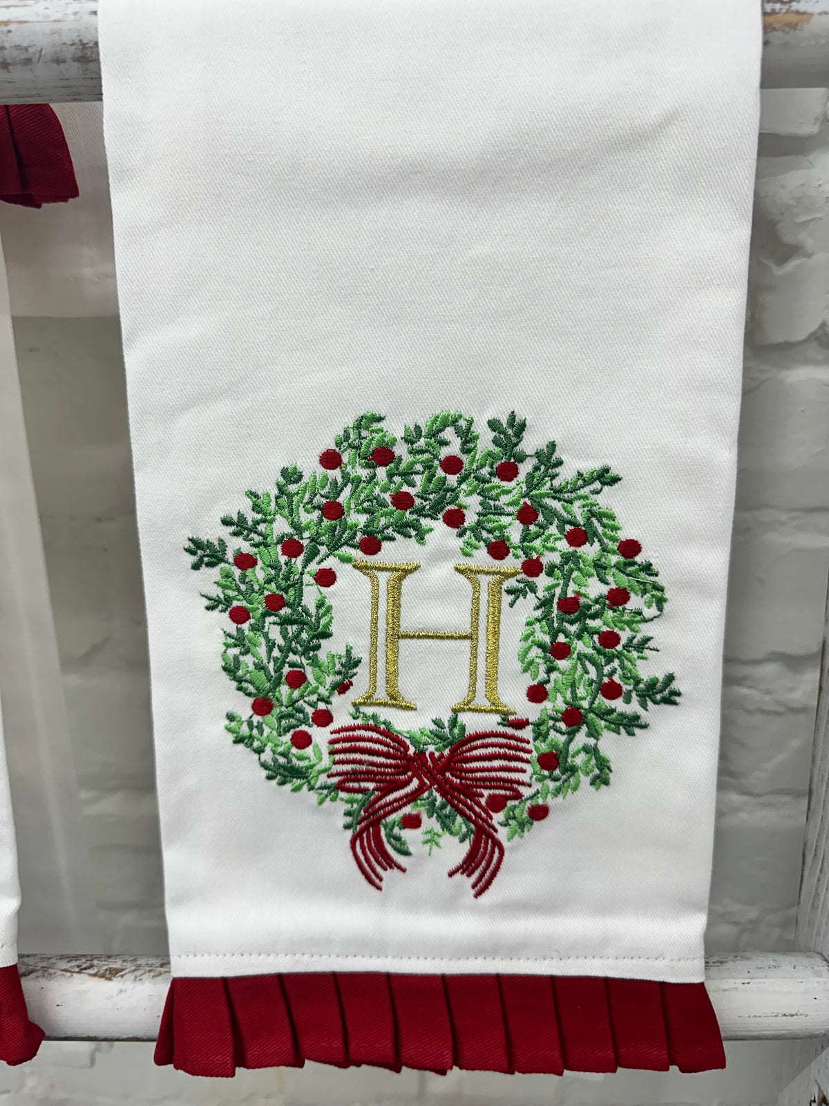 Christmas Embroidered Initial Wreath Tea Towel