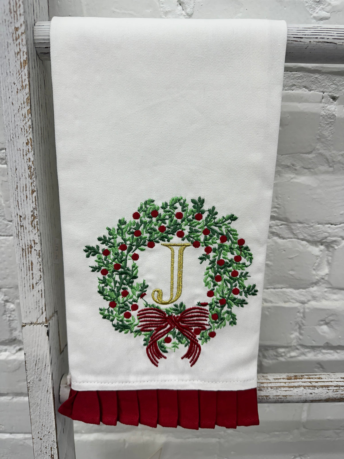 Christmas Embroidered Initial Wreath Tea Towel