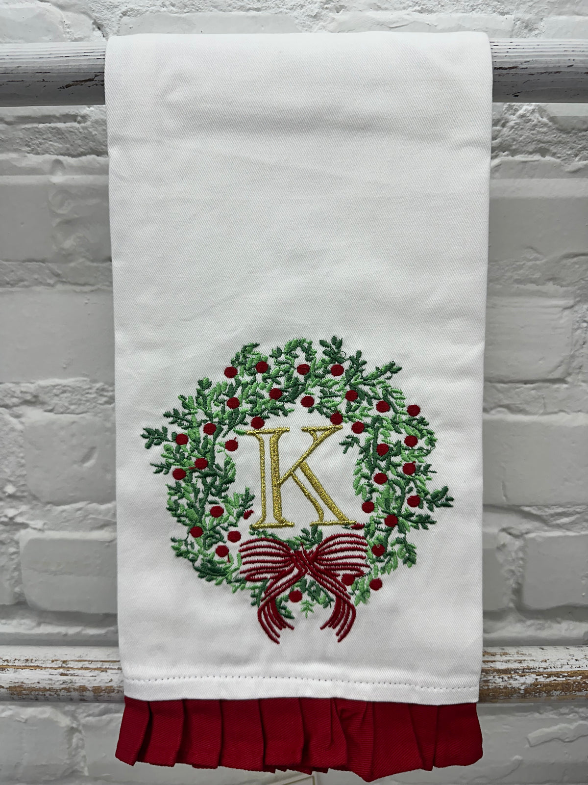Christmas Embroidered Initial Wreath Tea Towel