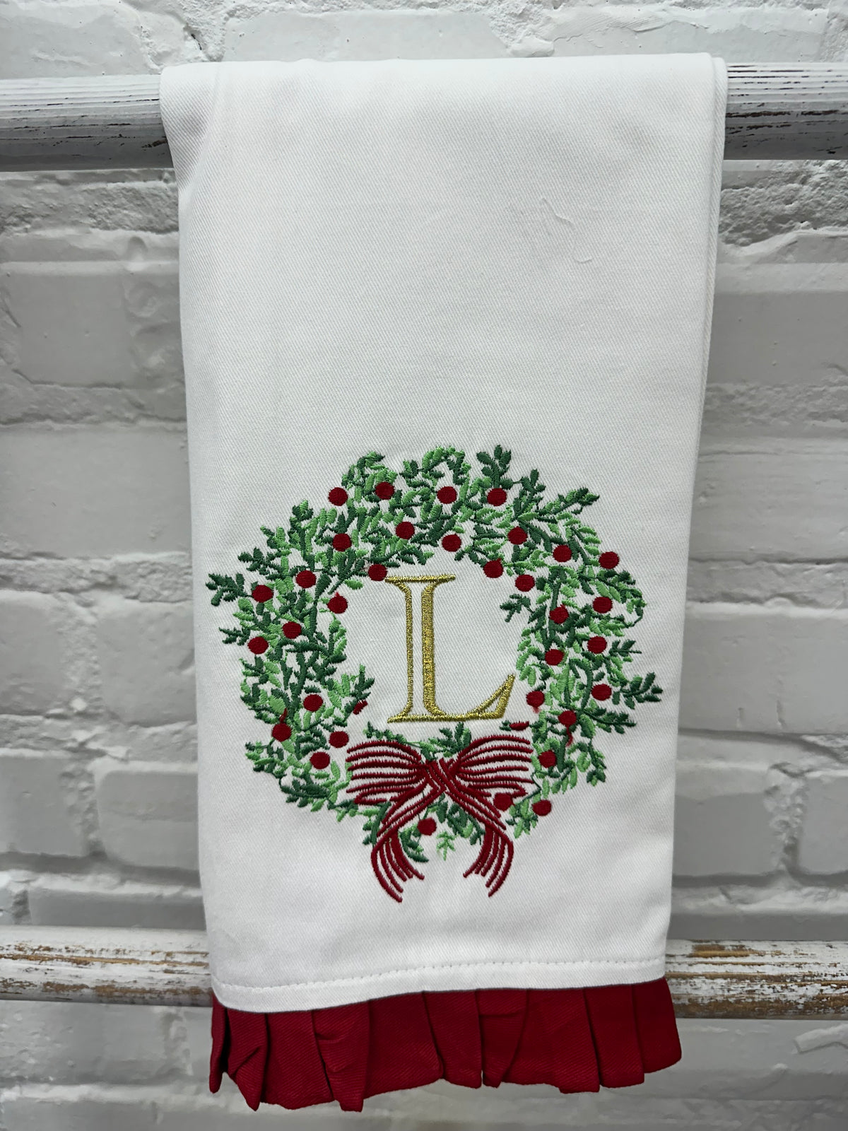 Christmas Embroidered Initial Wreath Tea Towel