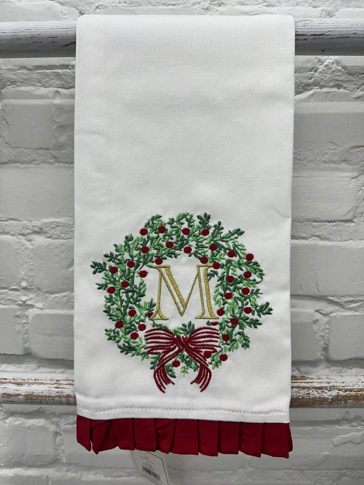 Christmas Embroidered Initial Wreath Tea Towel
