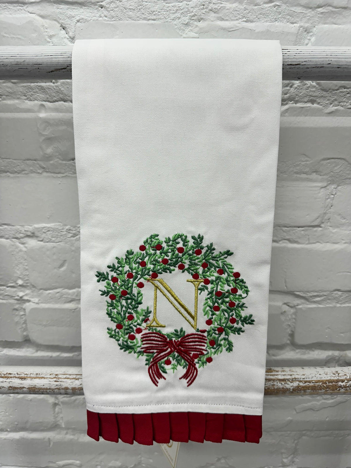 Christmas Embroidered Initial Wreath Tea Towel