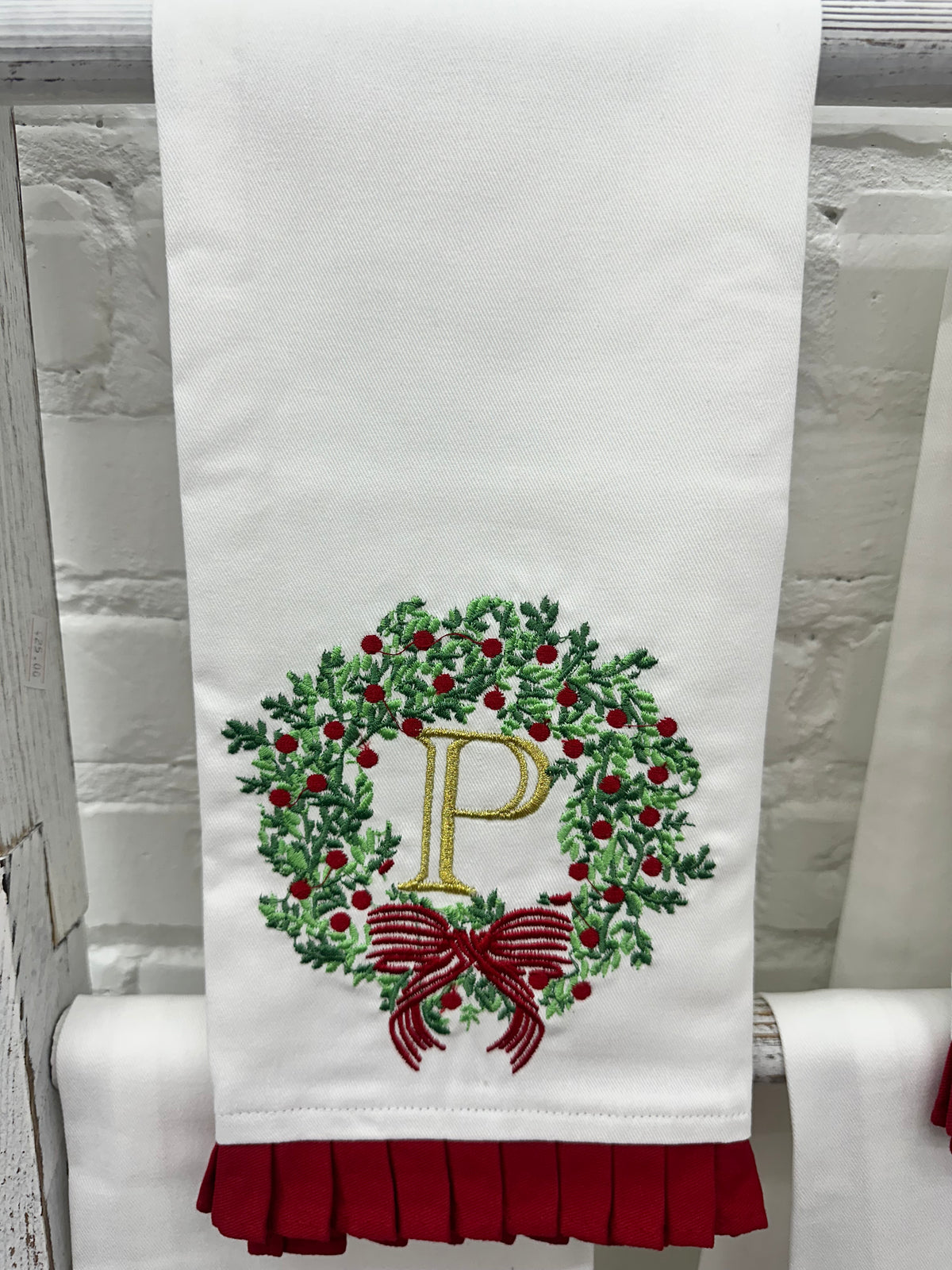 Christmas Embroidered Initial Wreath Tea Towel