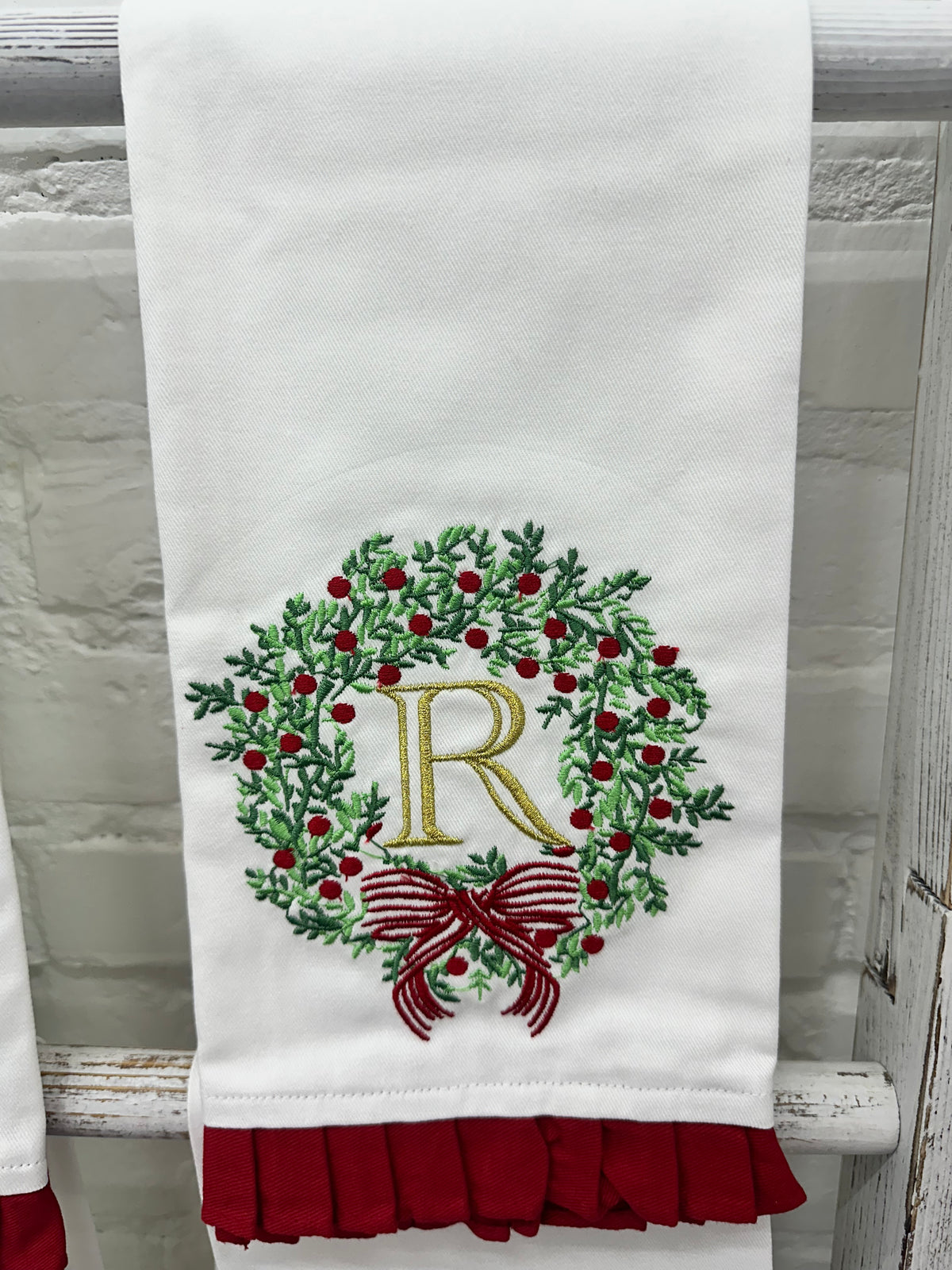 Christmas Embroidered Initial Wreath Tea Towel
