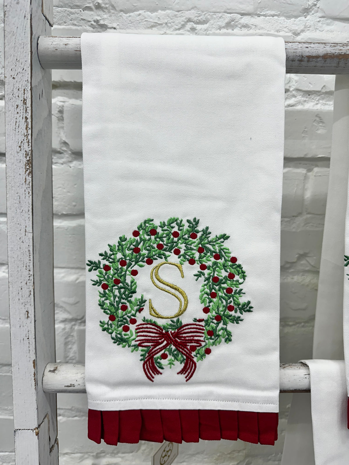 Christmas Embroidered Initial Wreath Tea Towel