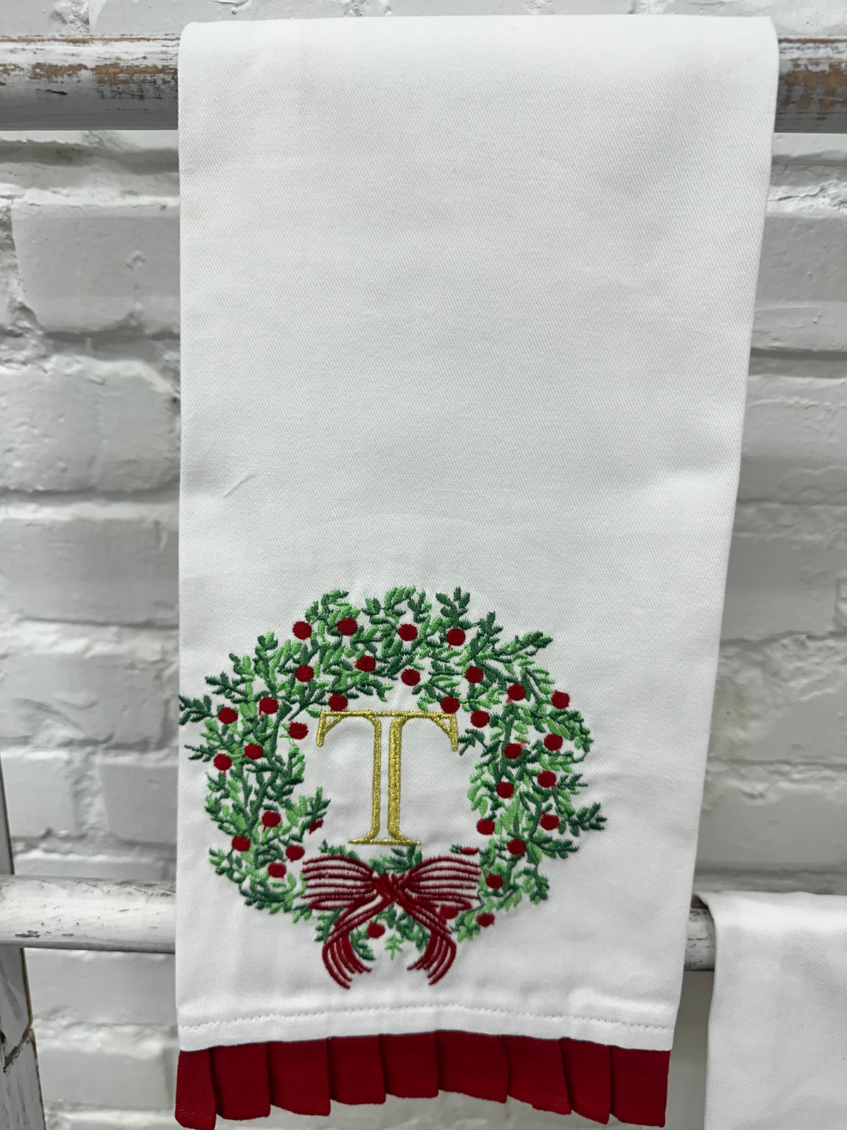 Christmas Embroidered Initial Wreath Tea Towel