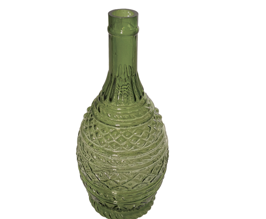 Hand Blown Embossed Glass Green Vase