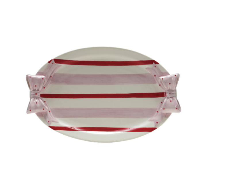 Stoneware Platter Striped with Polka Dot Bow