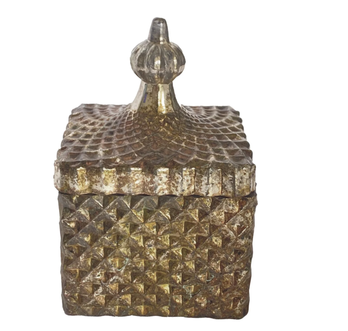 Embossed Mercury Glass Container/Tealight/Votive Holder with Lid