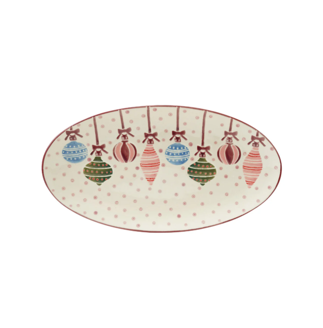 Hand-Painted Stoneware Platter with Wax Relief Ornaments & Dots