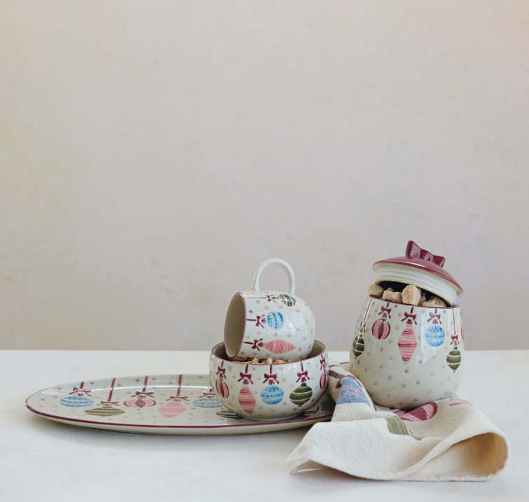 Hand-Painted Stoneware Platter with Wax Relief Ornaments & Dots