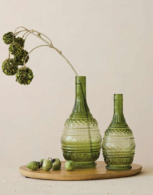 Hand Blown Embossed Glass Green Vase