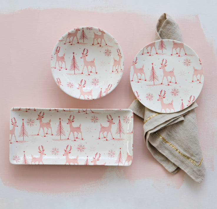 Stoneware Platter Reindeer & Trees