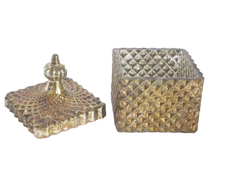 Embossed Mercury Glass Container/Tealight/Votive Holder with Lid